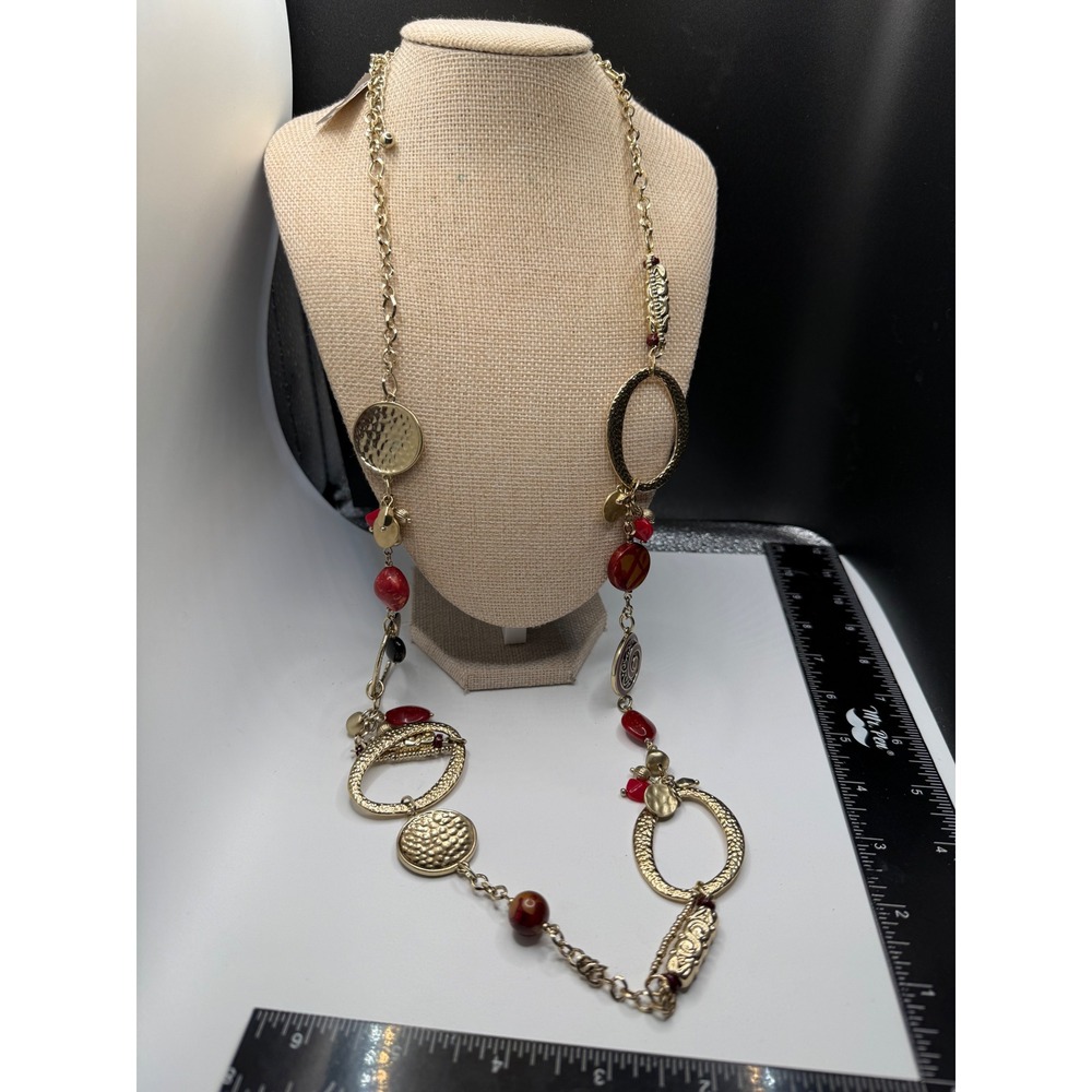 Chicos Batia Station Necklace Gold Tone Red Black Beaded Hammered Charms NEW‎